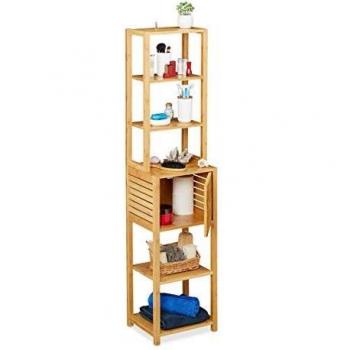 Estantería de baño estrecha Relaxdays, 7 baldas, con puerta, bambú natural, 149x35x29 cm