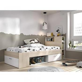 Cama Leandre con cabecero, compartimentos y cajón - 90 x 190 cm - Blanco y Natural + Somier
