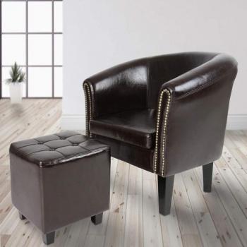Sillón Chesterfield Miadomodo con remaches de cobre y reposapiés a juego, madera y piel sintética, estilo retro, disponible en color a elegir