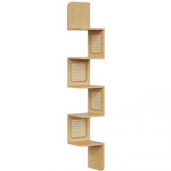 Estantería de Esquina Flotante Estilo Boho, 5 Niveles Zigzag Montada en la Pared con Laterales de Ratán Sintético, Ideal para Cocina, Dormitorio y Salón, Diseño Elegante y