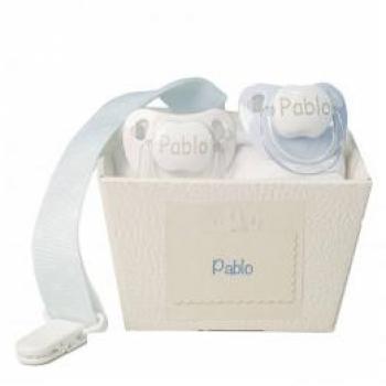 Pack de 2 chupetes personalizados con sujetachupete azul