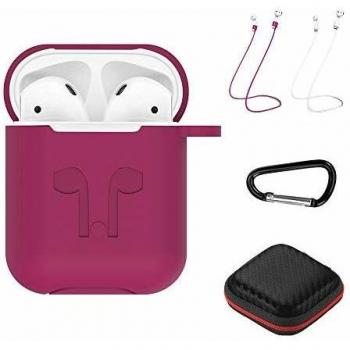 Hianjoo Funda Compatible con Airpods 1&2, Estuche Suave 7 en 1 Fundas Protectora de Silicona con Correa Anti, pérdida/mosquetón/Estuche de PU, Rosa roja