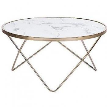 Mesa de Centro Redonda Efecto Mármol Blanco con Cristal Templado y Patas Doradas Meridian II
