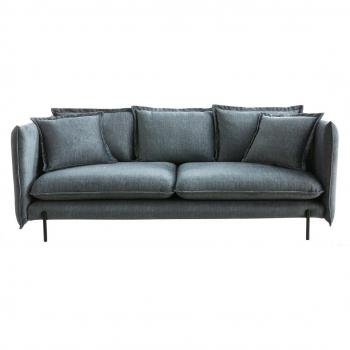 Sofá moderno 3-4 plazas de terciopelo azul grisáceo y metal negro ALMAR