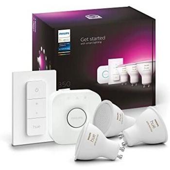 Philips Hue White and Color Ambiance Starter Kit 3-Pack GU10 LED Smart Bulbs with Hue Bridge and Dimmer Switch