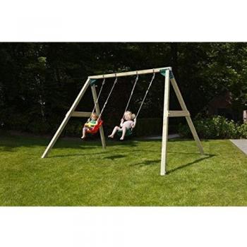 MASGAMES | Columpio de Madera Cuadrada de Dos plazas Kata | Asiento bebé + Asiento Plano | Madera tratada | Anclajes incluidos | Uso doméstico |
