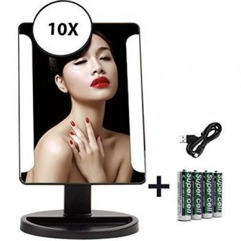 JOJOO Ultimo 38 LED Lighted Vanity maquillaje espejo - natural brillante soft light - Batería o Powered USB - Pantalla táctil Dimmable Ajustable - para Tabletop Cosmetic con 10 x Magnifying Spot Mirror Negro BP001B