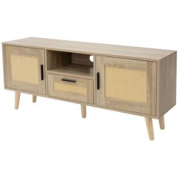 Mueble TV Bajo 120x50,5x30 cm de Madera Rústica con 2 Puertas y Cajón en Diseño de Roble y Ratán para Televisores hasta 55 Zoll
