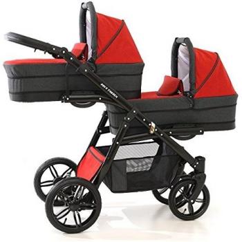 Coche gemelar completo. Sillas + capazos + sillas de coche grupo 0 + ISOFIX + sacos polares + sombrillas + accesorios. Rojo. Onyx Tandem
