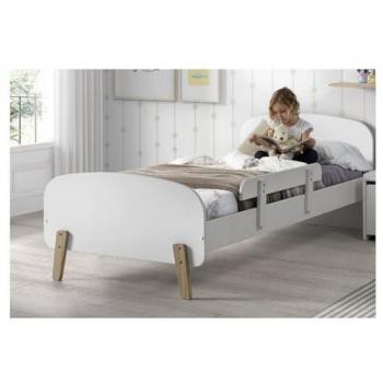 Cama KIDDY 90x200 cm con barandilla de madera lacada en blanco y patas de pino claro, estilo escandinavo
