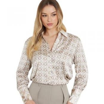 Guess All Over Logo Long Sleeve Shirt, Female, Beige, Size: XS