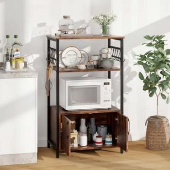 Brown 3-Tier Metal Kitchen Baker's Rack with Cabinet and Hooks