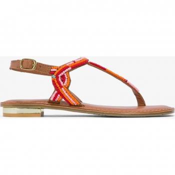Sandalias planas de mujer marrones en piel con cuentas naranja