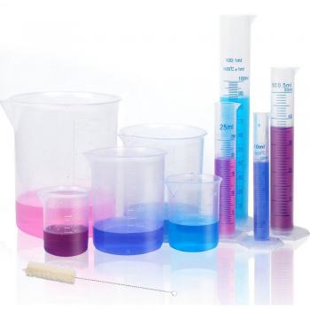 aplanet 4 transparente plástico graduado cilindros, 10 ml, 25 ml, 50 ml, 100 ml, con 5 vasos de plástico y 1 cepillo