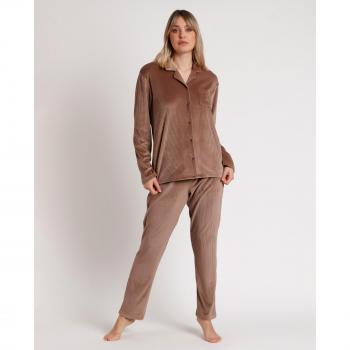 Pijama Largo de Mujer Admas de Terciopelo Suave Marrón con Rayas y Manga Larga Relax Home