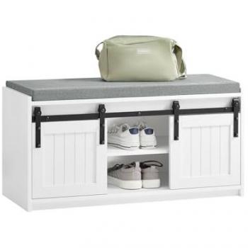 Banco Zapatero Multifuncional con Asiento y 2 Puertas Corredizas, Blanco 90 x 35 x 46 cm FSR133-K-W