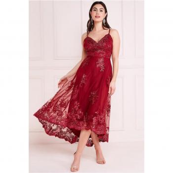 Goddiva High Low Scalloped Midi Dress - Burgundy