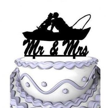 Meijiafei Fishing Couple in Boat Kissing Script Mr. and Mrs. Wedding Cake Topper
