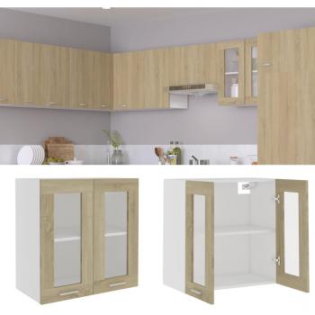 Gabinete colgante de vidrio y madera de ingeniería en color roble Sonoma, dimensiones 60x31x60 cm, fabricado en multicapa