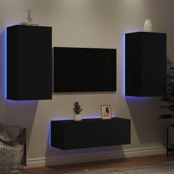 Mueble de TV de pared con LED 4 piezas en madera ingeniería negra