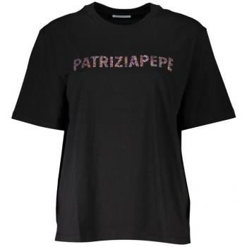 Patrizia Pepe Chic Rhinestone Crew Neck Tee - XS, T-Shirts, female, Black, Size: XS Short Sleeve Cotton T-Shirt with Rhinestone Logo Embellishment