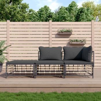 3-Piece Anthracite Cushioned Poly Rattan Garden Lounge Set
