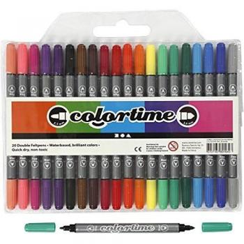 Marcadores Doble Punta Colortime, Grosor 2,3 + 3,6 mm, Colores Estándar, 20 Unidades
