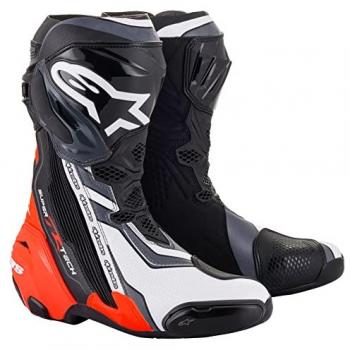 Botas Alpinestars Supertech R - Rendimiento Excepcional, Botas de Moto, Negro-Rojo Fluo-Blanco-Gris, Talla 44 EU