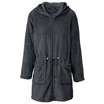 CelinaTex Famous Albornoz Capucha Uni Corto Bolsillos de Parche Cremallera de Dos vías Señoras Micro Franela S Gris Antracita