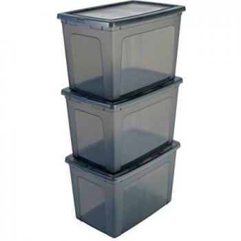 Iris Ohyama, Juego de 3 Cajas de Almacenamiento, 70 L, Transparente, Apilable, Sala de Estar, Dormitorio - Modular Clear Box Mcb-70 - Gris