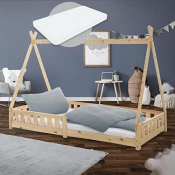 Cama Infantil Tipi Natural 90x200 cm con Colchón de Espuma Fría, Protección Anticaída y Somier de Listones de Madera Maciza de Pino