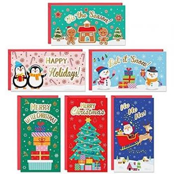 Sweetzer & Orange Christmas Cash or Gift Card Holder for Kids - 6 Festive Designs, 4 of Each - Set of 24 with Red Envelopes - Glossy Exterior, Matte Interior with Notches, 300 GSM - 3.5” x 6.5”