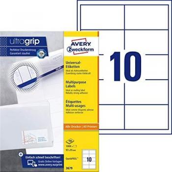Etiquetas Universales Autoadhesivas Avery Zweckform 3679, 97 x 55 mm, con QuickPeel, Paquete de 1000 Etiquetas (100 Hojas)