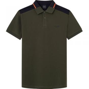 Polo Hackett de Manga Corta Colour Block Verde Caqui Negro Naranja - XL