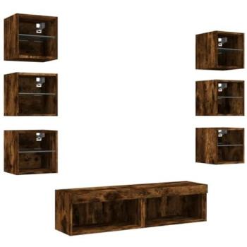 Mueble de TV Multimedia Estante de Pared LED 8 Piezas Roble Ahumado Diseño Contemporáneo