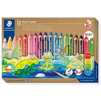 Staedtler Noris Junior 140 C18 Lápiz de color extra grueso 3 en 1: lápiz de color, cera y lápiz acuarelable. Estuche con 18 lápices de colores surtidos + afilalápices