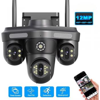 Cámara IP WiFi 6K 12MP Exterior Tres Lentes Vista Panorámica PTZ Detección de Movimiento Protección de Seguridad CCTV Videovigilancia con Soporte para Tarjeta de 128G