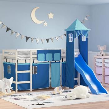 Cama alta infantil azul 80x200 cm de pino macizo con torre