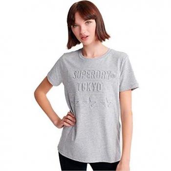 Superdry Mujer Camiseta con Logo en Relieve Tokyo Stars Gris Jaspeado 40