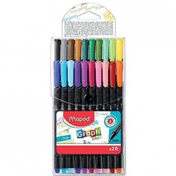 Maped - Rotuladores de Escritura - Rotuladores de Punta Fina Graph Peps Classic - Estuche con 20 Colores - Punta de Metal Japonesa - Empuñadura Triangular para Mejor Agarre