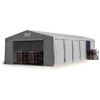 Carpa almacén TOOLPORT 8x12 m, altura lateral 3 m, puerta con cremallera, PVC 850, color gris, 100% impermeable