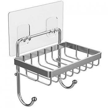 Oriware Adhesivo Jabonera con 2 Ganchos para Jabón Esponjas de Luffa Pared Ducha Baño Cocina SUS304 Acero Inoxidable - Sin Taladro