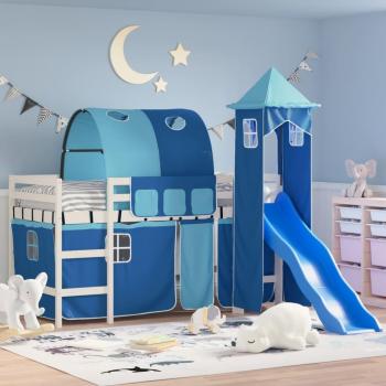 Cama alta para niños con torre de madera de pino azul 90x190 cm