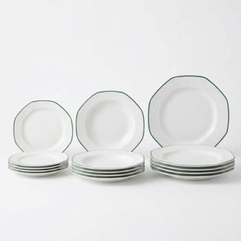 Vajilla Completa 12 Piezas de Porcelana Extra Blanca para 4 Personas, Diseño Decorado con Relieve, Formas Coupe y Octogonal, Apta para Microondas y Lavavajillas, Uso Diario en Hog