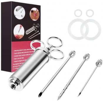 Acero inoxidable 2-oz condimento carne Injector kit con gran capacidad de barril + 3 agujas + 4 piezas de carne de pavo marinada para pollo o - rings profesional