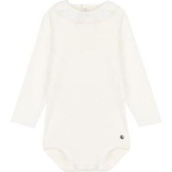 Organic Cotton Long Sleeve Baby Bodysuit with Ruffled Collar - Petit Bateau - White Marshmallow