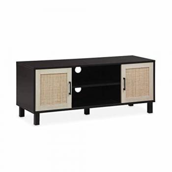 Mueble de TV estilo escandinavo negro con efecto madera y caña, dimensiones 115 x 40 x 48 cm, incluye dos niveles y puertas correderas