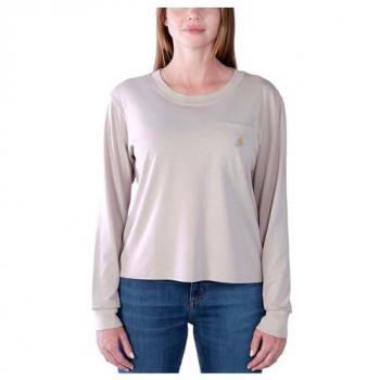 Camiseta de manga larga ligera con bolsillo Carhartt para damas - Gris, ajuste relajado