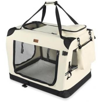 Transportín Plegable para Perros y Gatos VOUNOT - Bolsa de Transporte Transpirable Beige 60x44x44cm con Bolsillos y Alfombrilla Extraíble