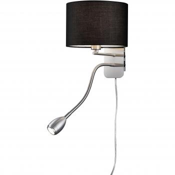 Lámpara de pared de hotel en níquel mate con pantalla redonda negra y luz de lectura LED 3W E14, 20x25 cm